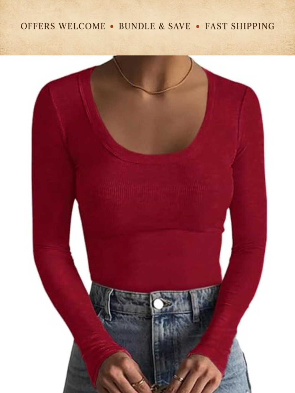 Ribbed Scoop Neck Long Sleeve Slim Fit Crop Top Casual T-Shirt